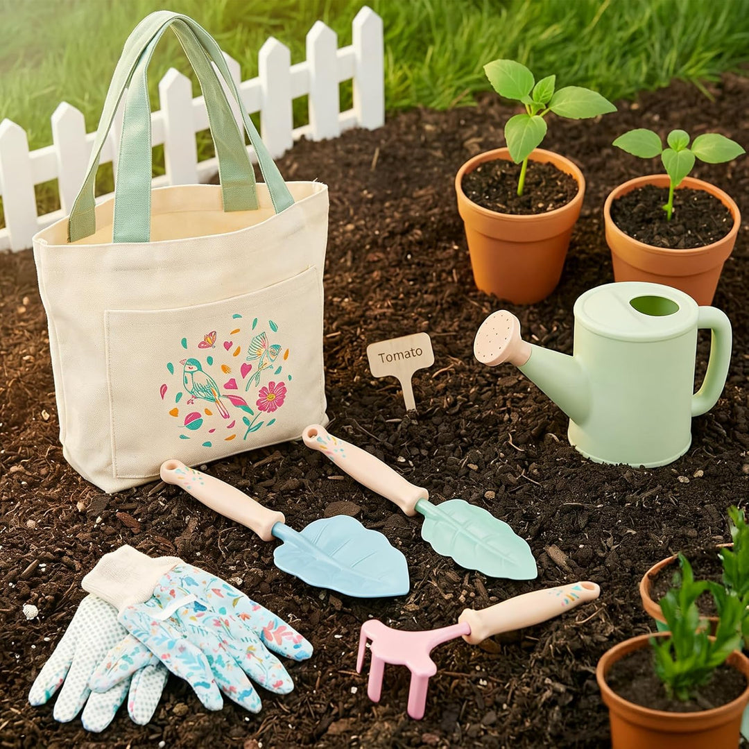 FITNATE Kinder Gartenarbeit Set,6 PCS Gartenwerkzeug Kinder Mit 3 Gartengeräte, Gartenhandschuhe & A