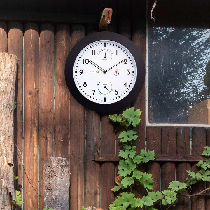 NeXtime Wall Clock (Garden/Inside) 25,5 cm-Time/Temp/Humidity-Black-Plastic Daisy, One Size