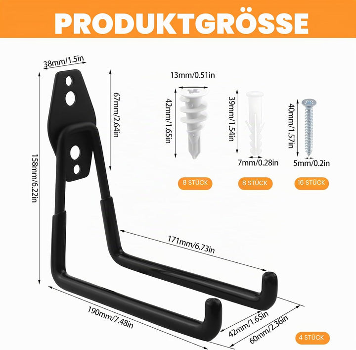 CHRI 4 Stück Wandhaken Garage Schwerlast Garagenhaken Wandhaken Klein(68mm)/Mittel(130mm)/Gross(188m