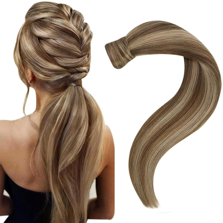 Easyouth Zopf Extensions Echthaar Clip in Ponytail Extension Echthaar 20 Zoll Farbe Dunkleres Braune