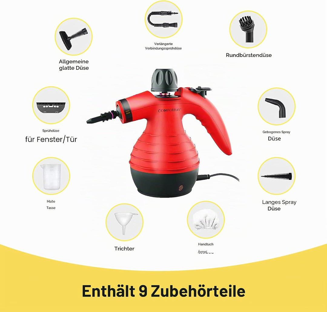 Comforday Hand Dampfreiniger Handgerät, Tragbare Mehrzweck-Dampfreiniger mit 12 Zubehörteilen zum En