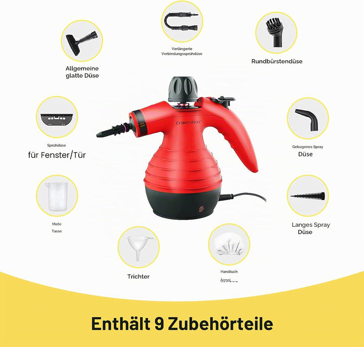 Comforday Hand Dampfreiniger Handgerät, Tragbare Mehrzweck-Dampfreiniger mit 12 Zubehörteilen zum En