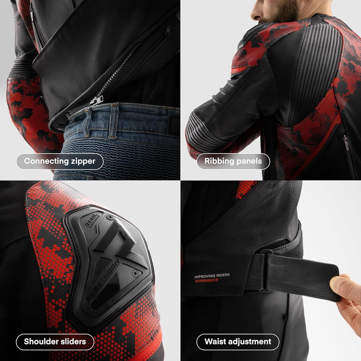 REBELHORN Veloce Motorradjacke Herren | Leder | Ellbogen und Schulterprotektoren Stufe 2 | Schulters
