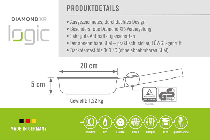 Woll Diamond Logic XR Pro Flachpfanne - Induktiv -, Ø 20 cm, 5 cm hoch, mit abnehmbarem Edelstahlsti