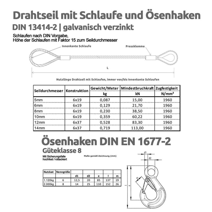 Drahtseile24 Stahlseil mit Haken und Öse – Anschlagseil mit Haken &amp; Schlaufe, Forstseil | 5mm – 14mm