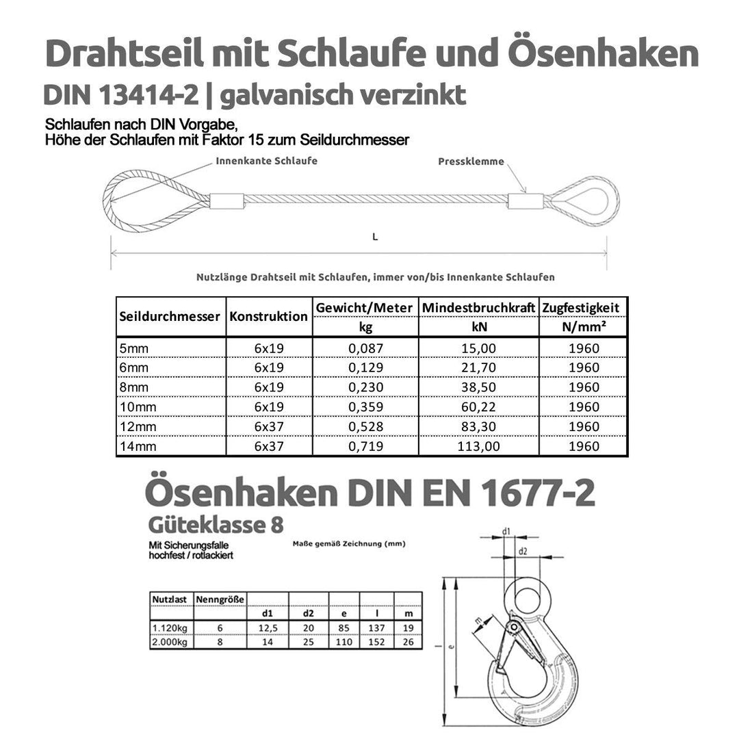 Drahtseile24 Stahlseil mit Haken und Öse – Anschlagseil mit Haken &amp; Schlaufe, Forstseil | 5mm – 14mm
