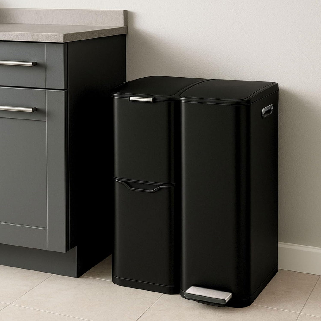 osoltus Mülleimer Abfallsammler Softclose Edelstahl hoch (60 L (30 + 17 + 13 L) schwarz) 60 L (30 +