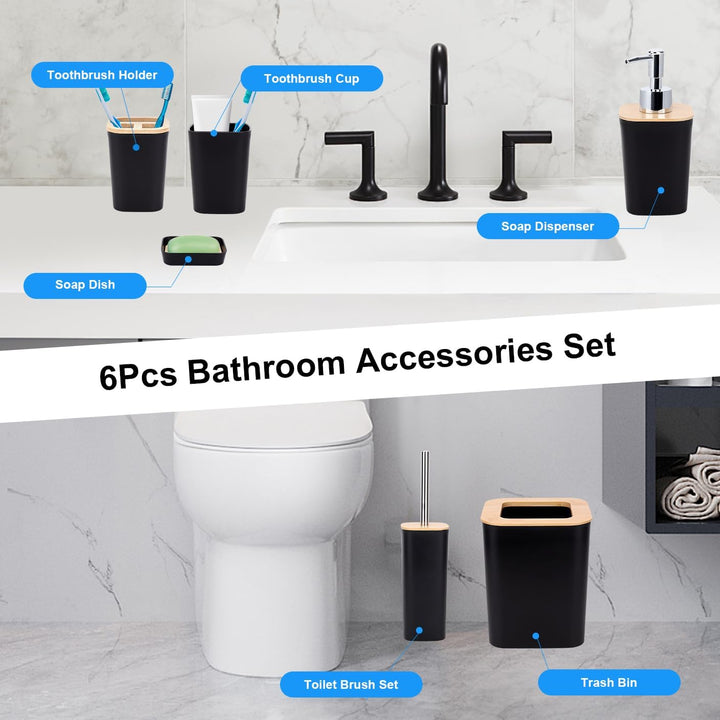 Badezimmer Zubehör Set 7Pcs Waschraum Zubehör Set aus Bambus, Lotion-Flaschen, Zahnbürstenhalter, Za