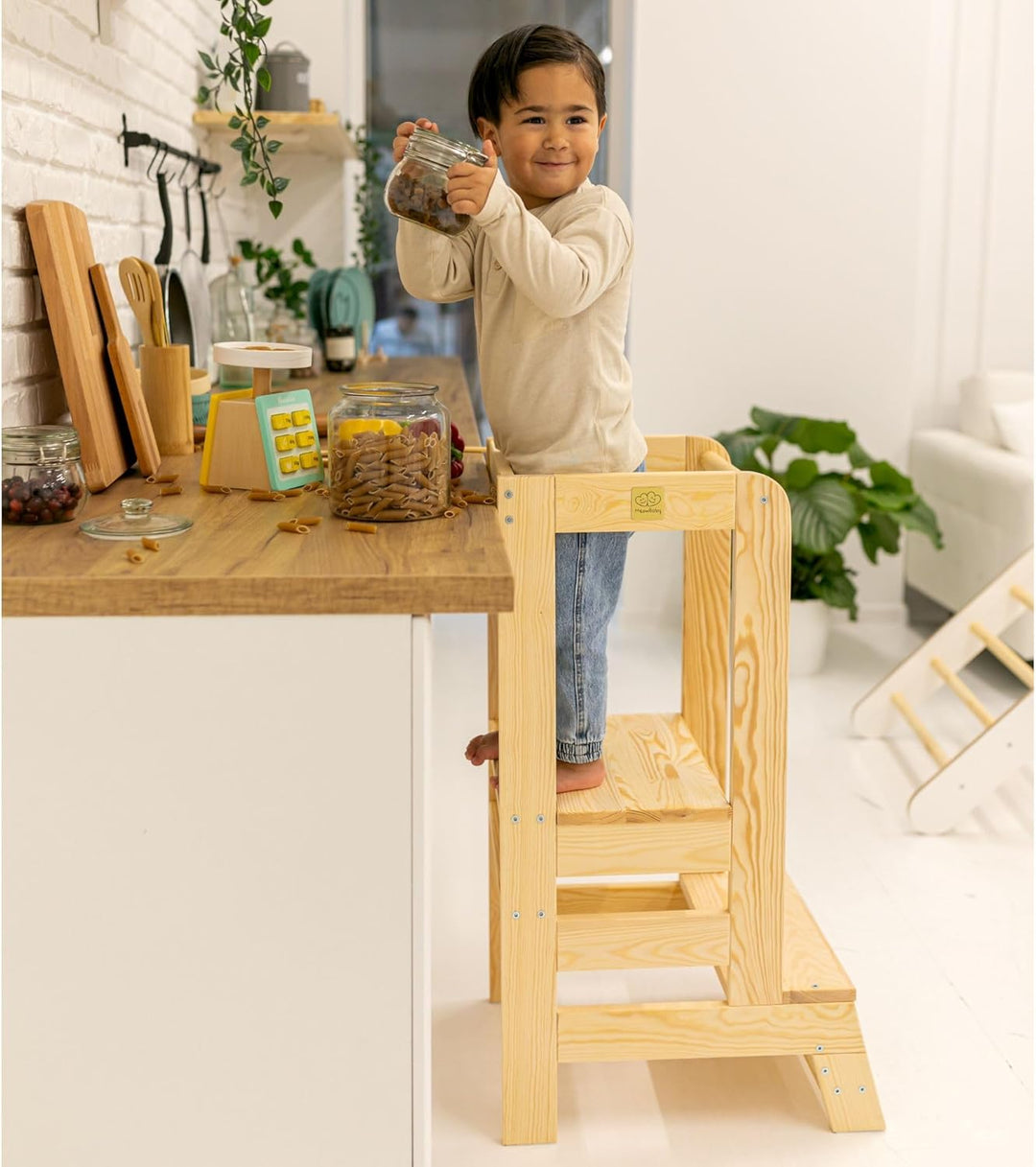 MEOWBABY Lernturm für Kinder - Baby Montessori Verstellbar Learning Tower aus Natur Holz, Kleinkind