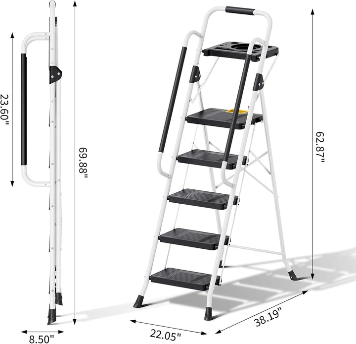 KINGRACK Trittleiter 5 Stufen klappbar, Leiter 5 Stufen 360 kg Tragfähigkeit, mit Werkzeugtray, Hand