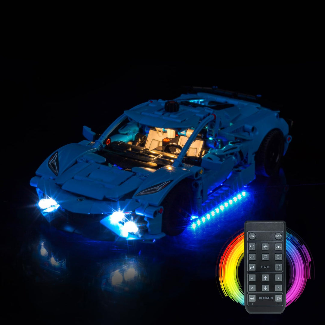 Fernbedienung Licht-Kit Kompatibel mit Lego Chevrolet Corvette Stingray Blue 42217 (Kein Modell), Le