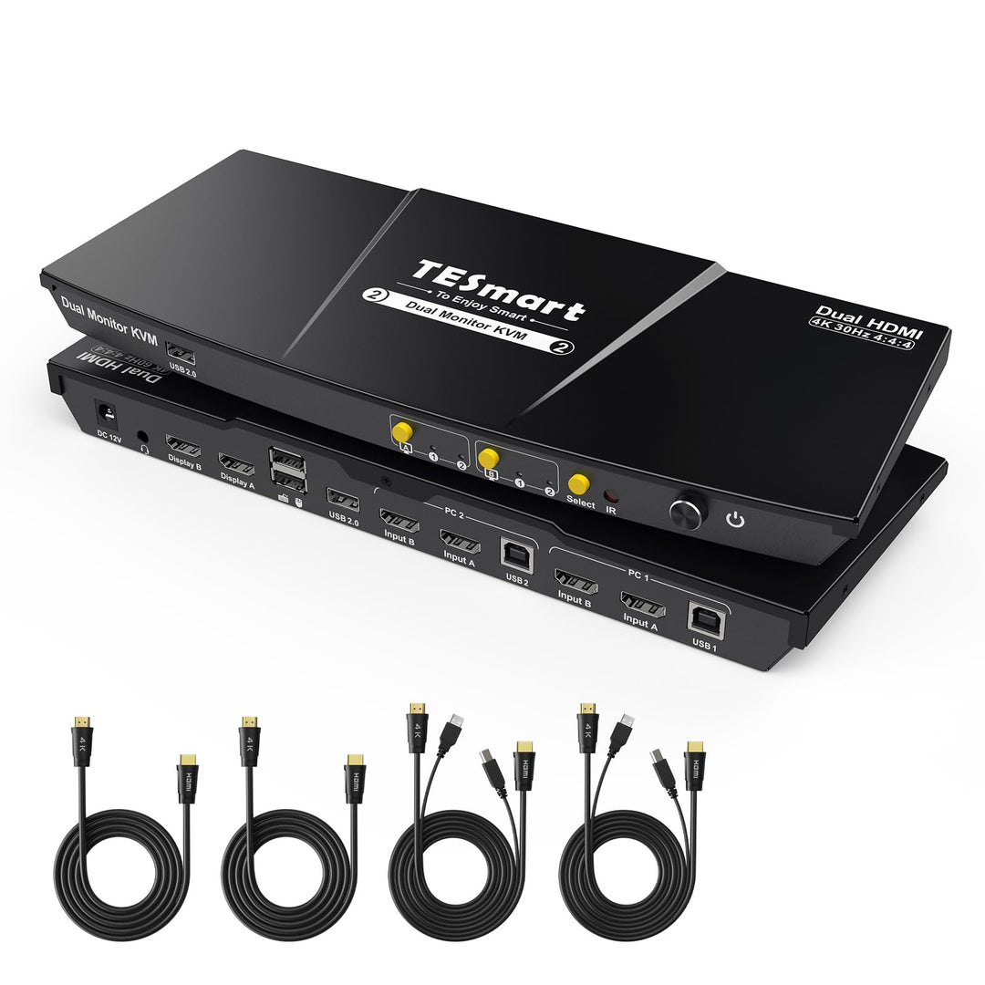 TESmart KVM Switch 2 Monitore, HDMI 2 PC 2 Monitor Switch mit Kabel×4, EDID Emulator, Audio Extracto