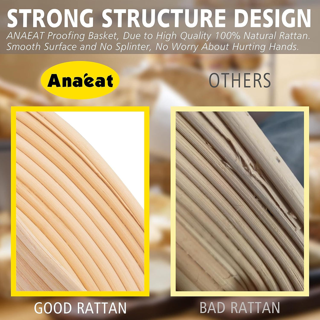 Anaeat 25 cm Brot-Banneton-Gärkorb-Set – runder Sauerteig-Gärkorb aus 100% natürlichem Rattan mit La
