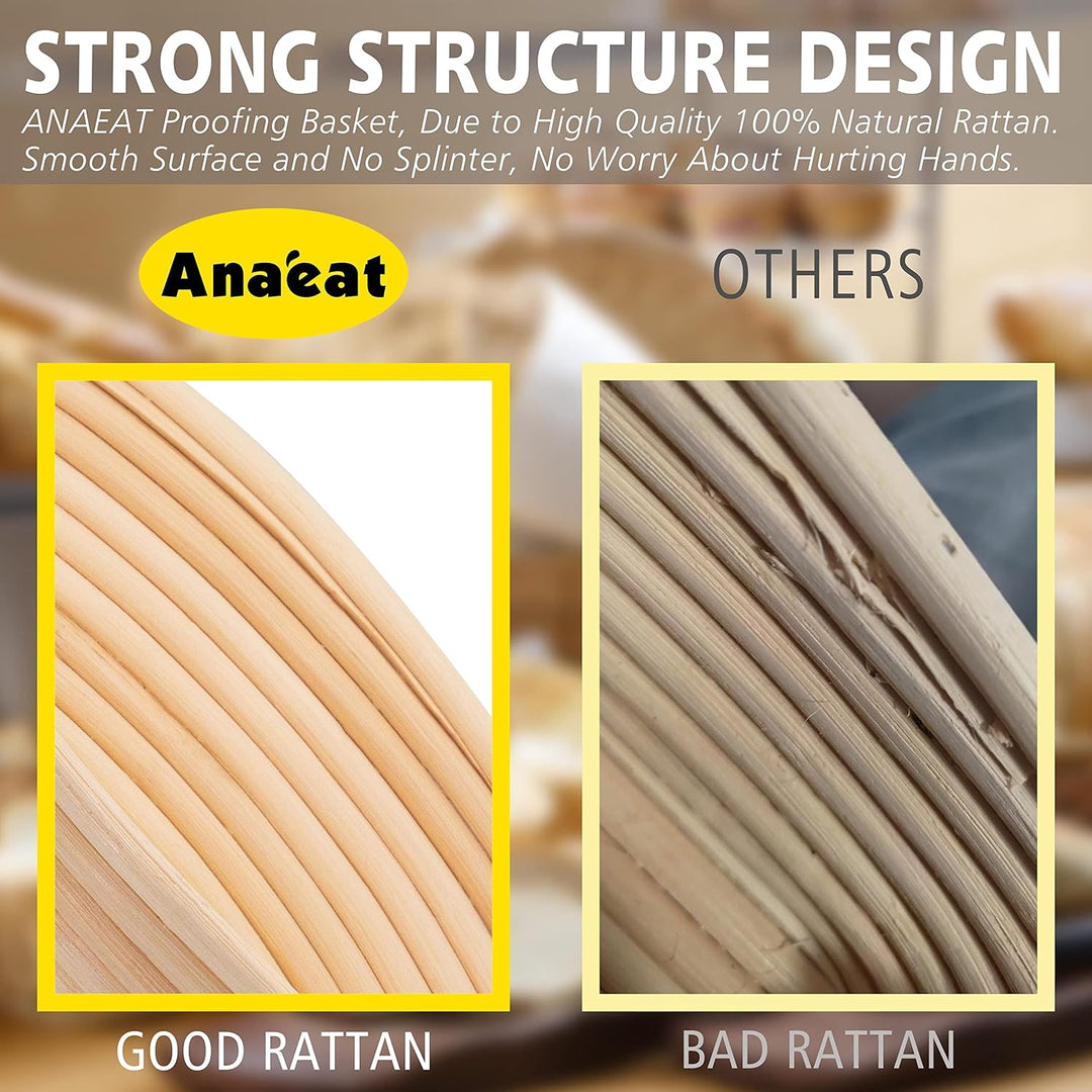 Anaeat 25 cm Brot-Banneton-Gärkorb-Set – runder Sauerteig-Gärkorb aus 100% natürlichem Rattan mit La