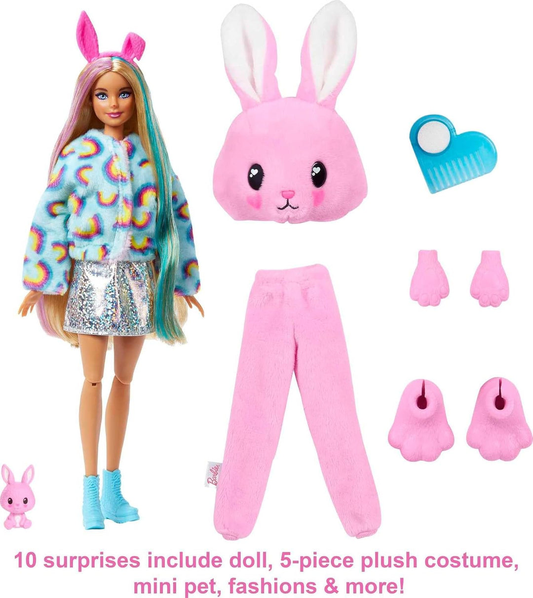 Barbie HHG19 - Cutie Reveal Puppe mit Hasen-Plüschkostüm und 10 Überraschungen inklusive Mini-Hausti