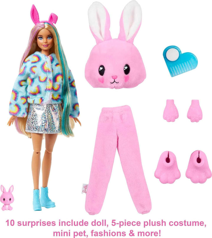 Barbie HHG19 - Cutie Reveal Puppe mit Hasen-Plüschkostüm und 10 Überraschungen inklusive Mini-Hausti