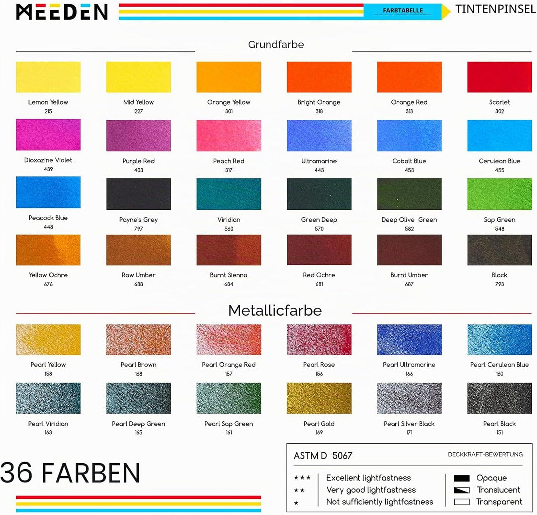 MEEDEN Dye Aquarellpinsel Set mit Tinte: 36 farbstoffbasierte Tinte im Pinselstift mit 24 Grundfarbe