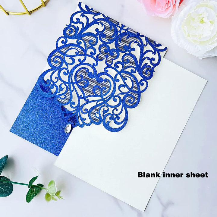 Hosmsua 20x Blau Glitzer Hochzeit EinladungsKarten Lasercut Rose Spitze Wasserdiamant Hochzeitseinla