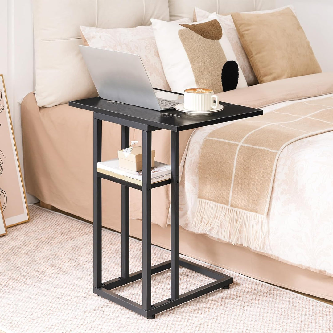 HOOBRO C-Form Beistelltisch, Klappbarer Sofatisch, Couchtisch, Kaffeetisch Snacktisch mit Lagerregal