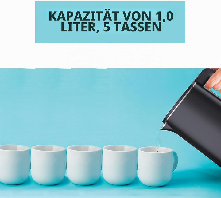 Muller Kitchen MK-6061 Elektrischer Wasserkocher, 1 l, 1000 W, doppelwandig, 360-Grad-Drehfuss, auto