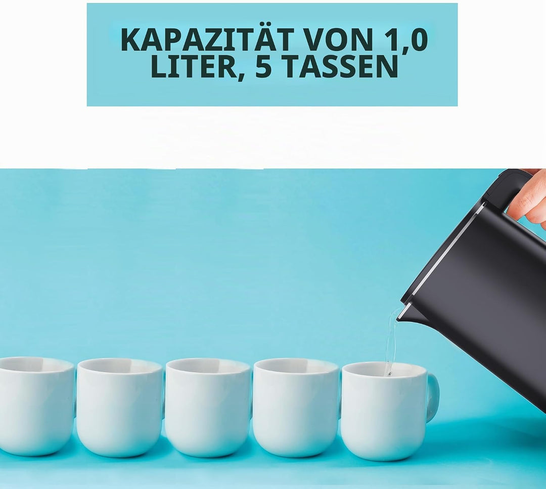 Muller Kitchen MK-6061 Elektrischer Wasserkocher, 1 l, 1000 W, doppelwandig, 360-Grad-Drehfuss, auto
