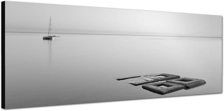 Paul Sinus Art Panoramabild auf Leinwand und Keilrahmen 120x40cm Meer Steine Boot minimalistisch