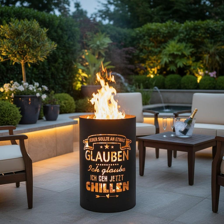 TiKo-Design Feuertonne mit Motiv – Lagerfeuertonne ‘Jeder sollte an etwas glauben, ich GEH jetzt chi