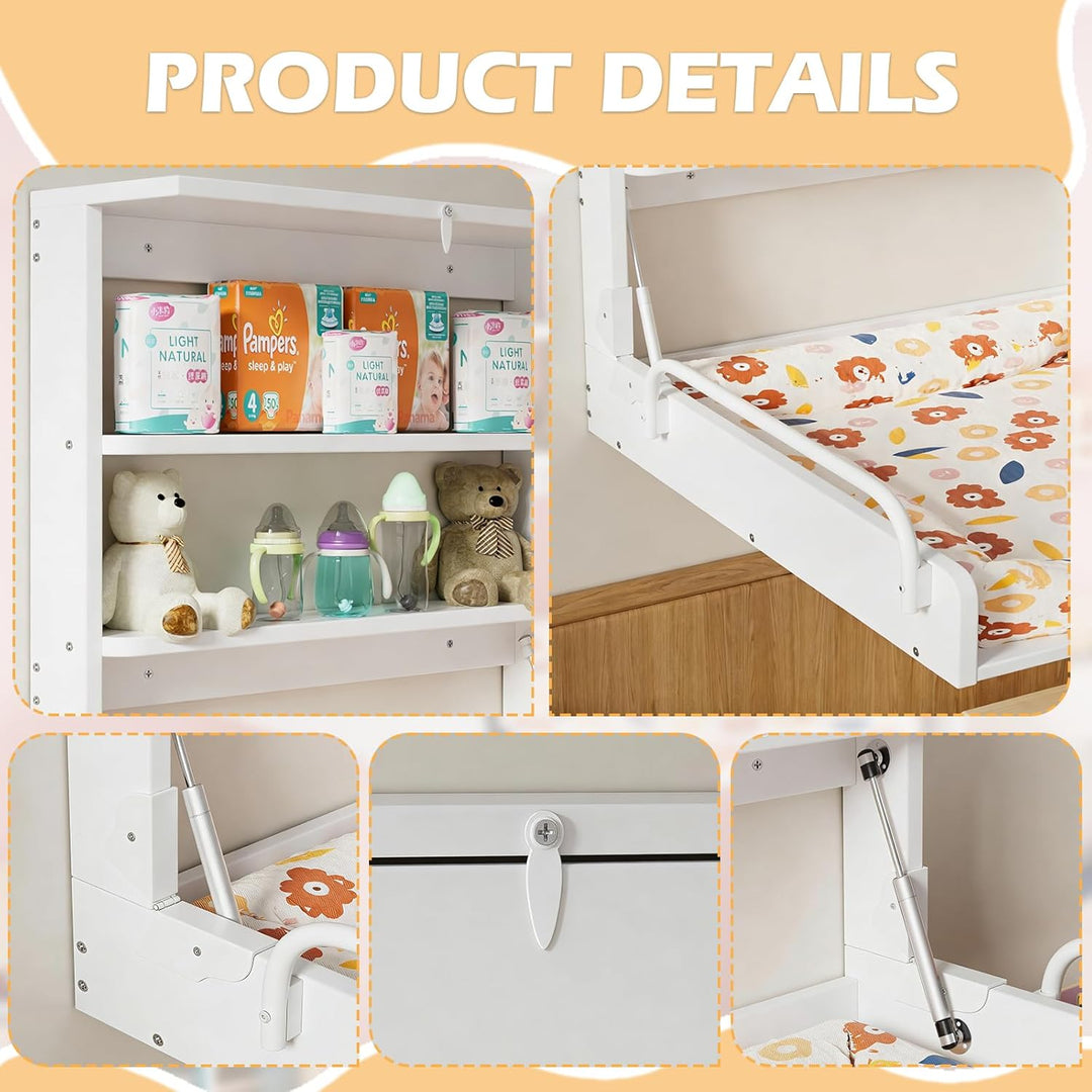 MSFE Wickelkommode Wickeltisch Klappbar, Baby Changing Table Wandwickeltisch mit 3 Regalfächern, Wic