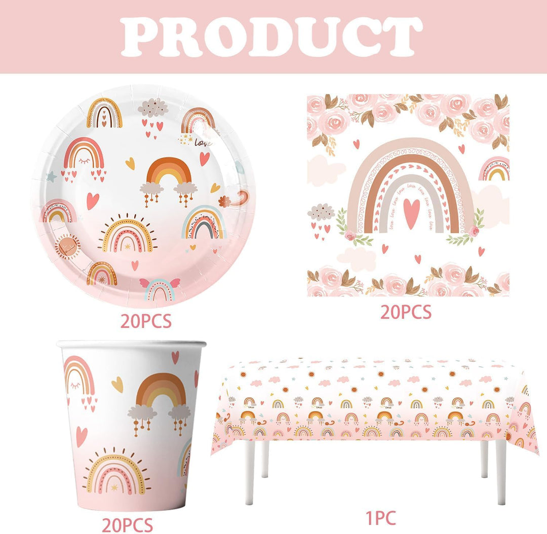 Bohemian Rainbow Partygeschirr Set,Doyomtoy Serve 20 Gäste Geburtstag Partygeschirr,Tischdecken,Tell