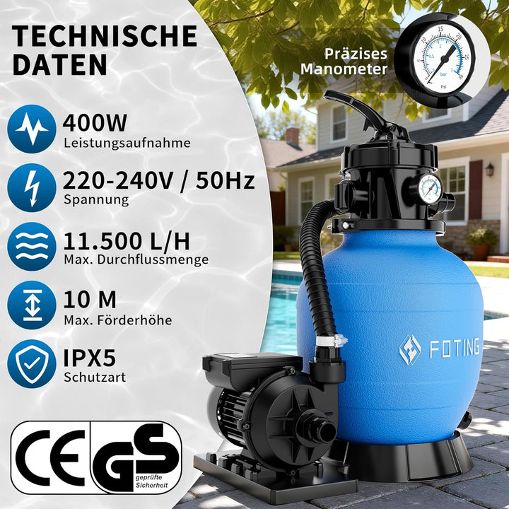 FOTING Poolpumpe 11.500 l/h, max. 10 m Förderhöhe, Schwimmbadpumpe für Swimmingpool &amp; Pool Garten -