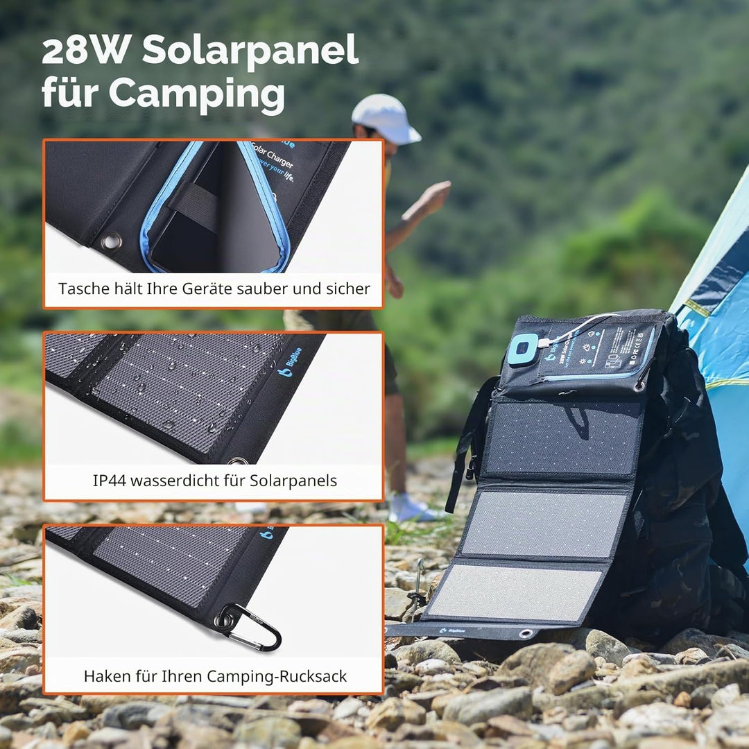 BigBlue 28W Tragbar Solar Ladegerät 2-Port USB(5V/4A insgesamt), IPX4, Solarpanel mit Digital Ampere
