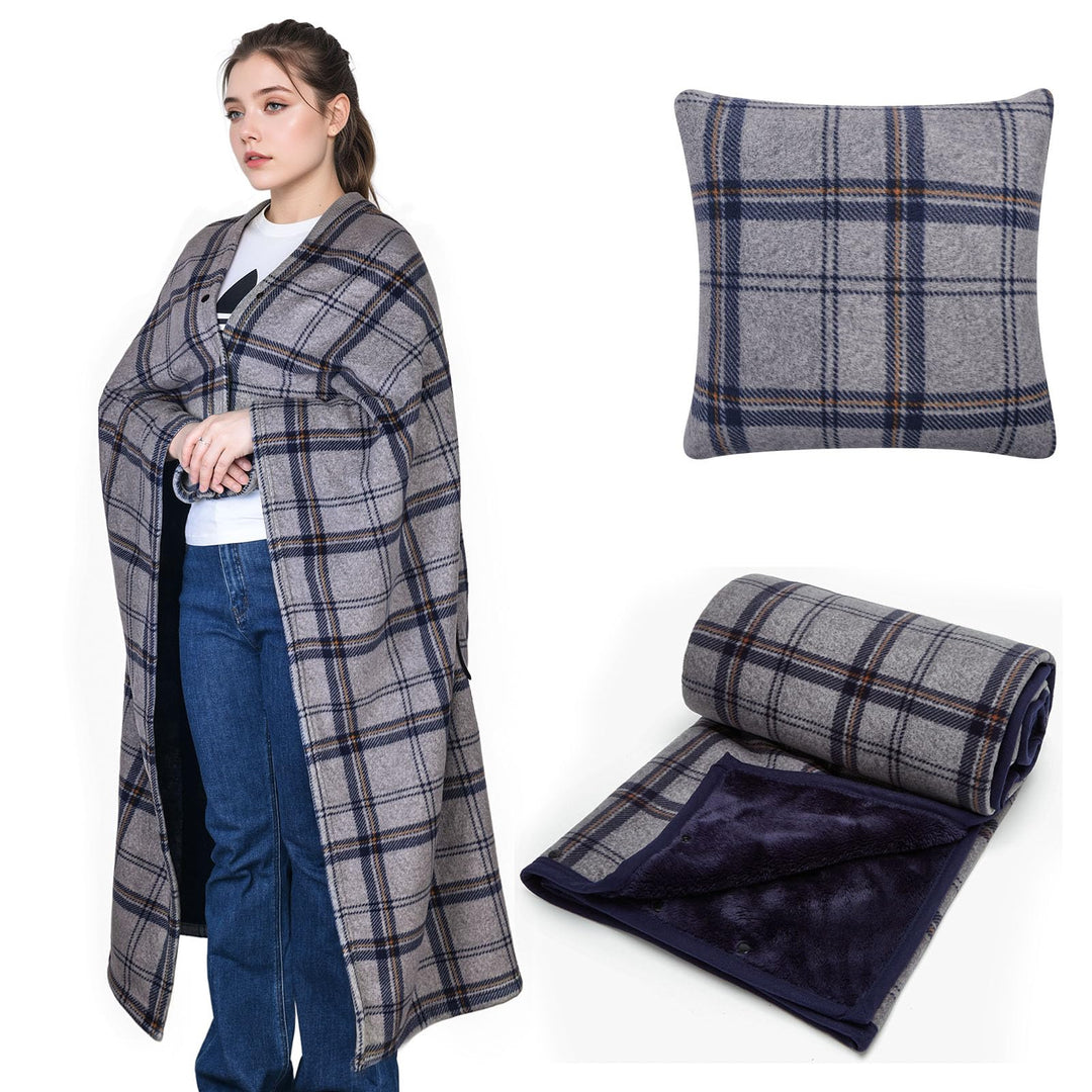 Tragbare Decke Kompaktes Kissen 2-in-1-Schossdecke Damen Poncho Fleece mit Knopf Karierte Tagesdecke