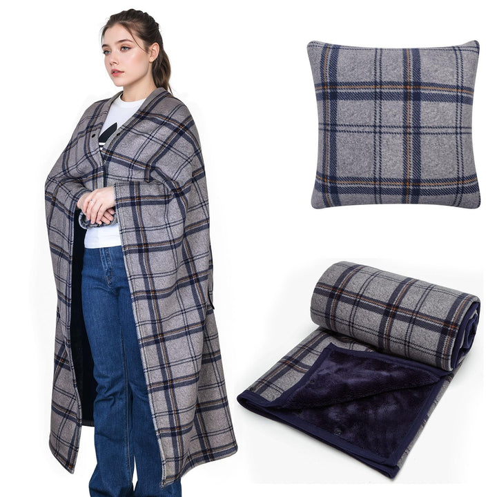 Tragbare Decke Kompaktes Kissen 2-in-1-Schossdecke Damen Poncho Fleece mit Knopf Karierte Tagesdecke