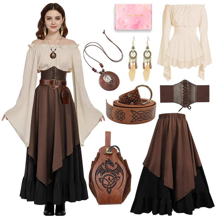 Mittelalter Kleidung Damen Set, Renaissance Kostüm und Retro Off Shoulder Bluse mit Corsett, Gürtelt