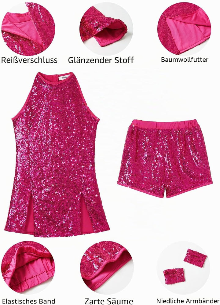 LOLANTA Mädchen Pailletten-Kostüm Hip Hop Dancewear Funkelndes Tanzkleid Gesetzt 6-7 Jahre Fuchsia,