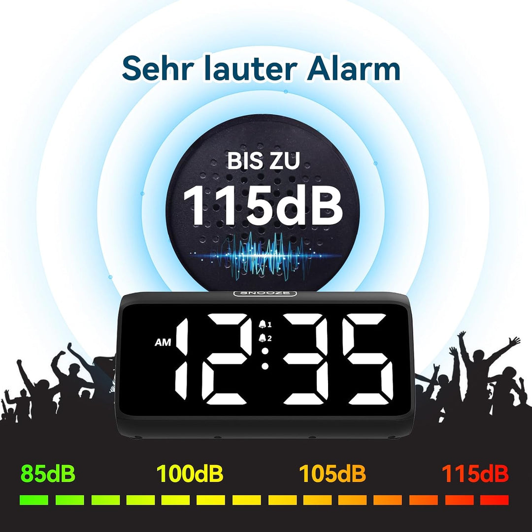 Netzu Lauter Wecker für Tiefschläfer, Digitalwecker mit LED Display, Doppelalarm, 5 Helligkeitsdimme