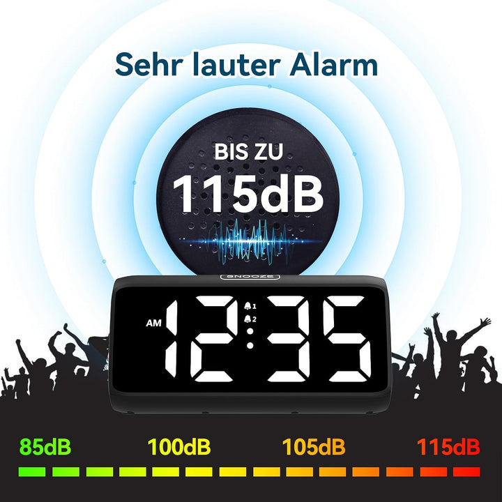 Netzu Lauter Wecker für Tiefschläfer, Digitalwecker mit LED Display, Doppelalarm, 5 Helligkeitsdimme