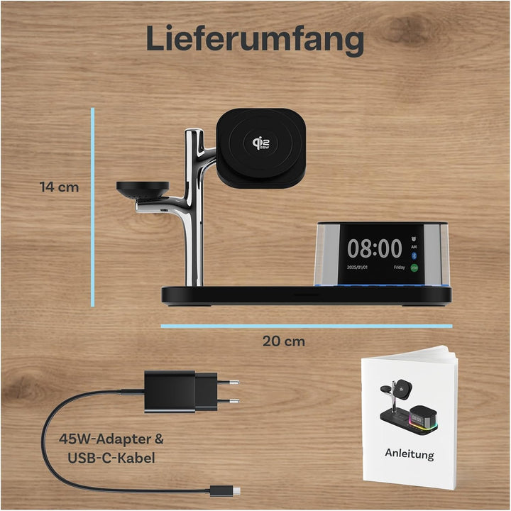 Kabellose Ladestation 5-in-1 mit Wecker, Bluetooth-Lautsprecher & LED-Nachtlicht für MagSafe von MMO