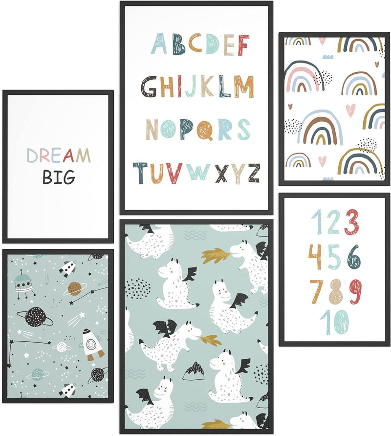 Papierschmiede® Bilder Kinderzimmer Kids Mood Poster Set ABC Dragon Space, Kinderzimmer Bilder Babyz