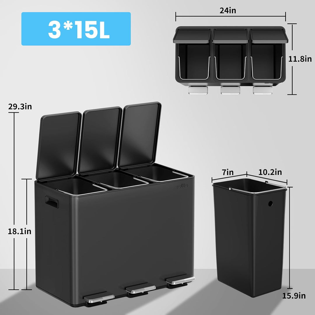 mVm Mülleimer Küche,45 Liter Treteimer,3 x 15 Liter Treteimer, 3 Fächer, Mülltrennsystem, Abfalleime