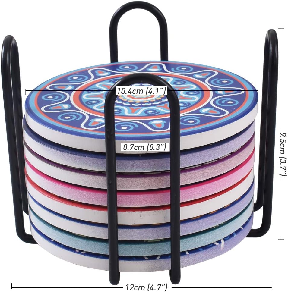 Newk Untersetzer für Getränke, Set mit 8 absorbierenden Keramik-Untersetzern mit Metallhalter, Manda