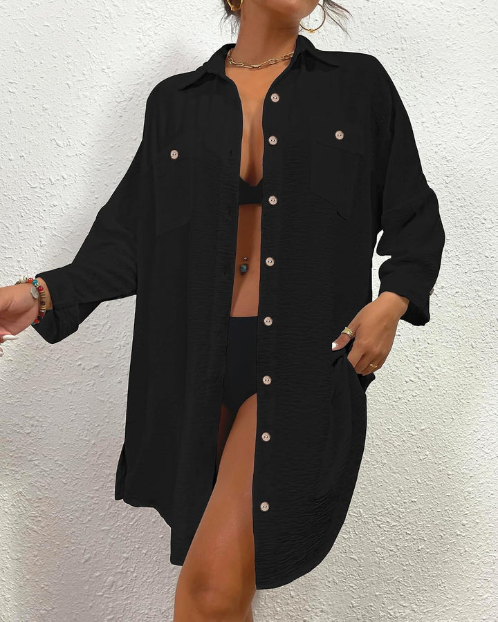 Bsubseach Frauen Badeanzug Coverup Shirt Kleid Button Down Badeanzug Cover Up Beachwear L B-Schwarz,