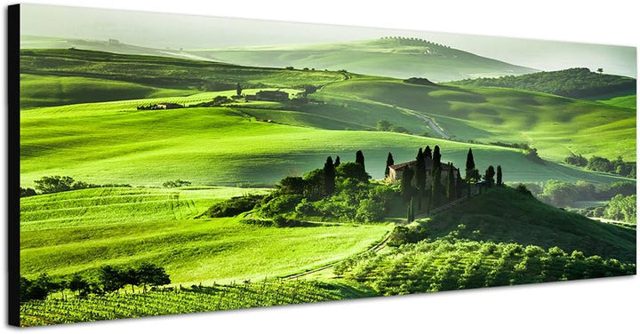 Paul Sinus Art Panoramabild auf Leinwand und Keilrahmen 150x50cm Toskana Wiesen Bäume Haus Sonnenauf