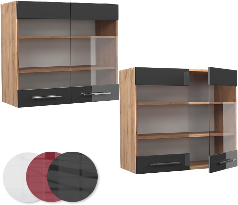Vicco Küchenschrank Glas Fame-Line, Anthrazit Hochglanz/Goldkraft Eiche, 80 cm Hängeglasschrank 80 c