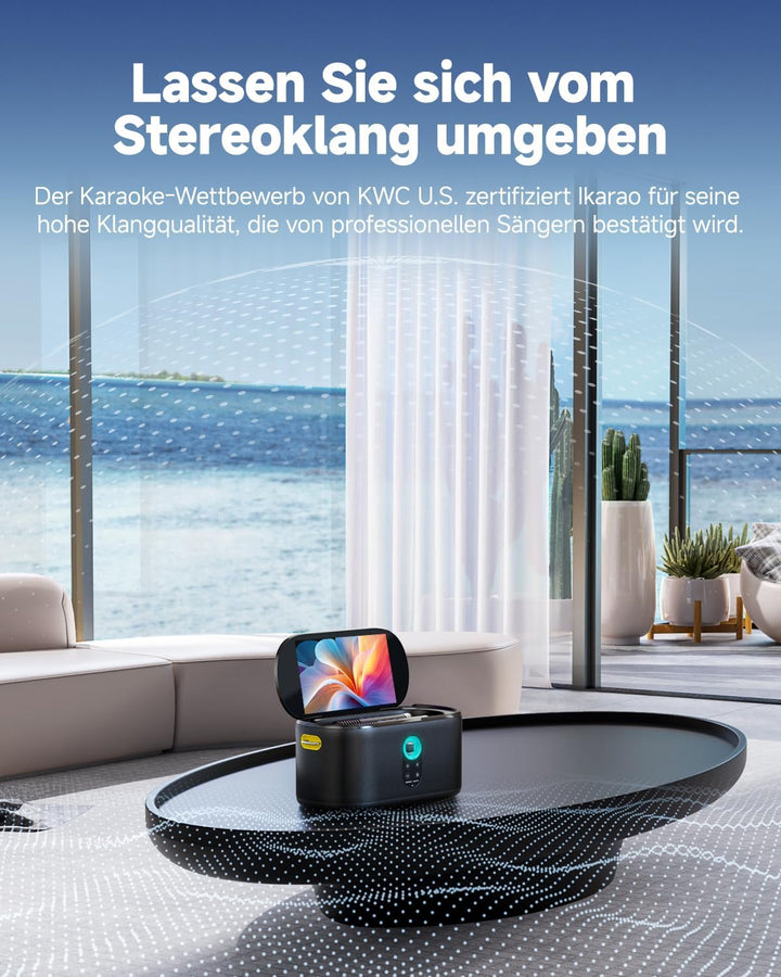 Ikarao Karaoke-Maschine mit integriertem Bildschirmdisplay, Bluetooth, kabellosen Mikrofonen & Party