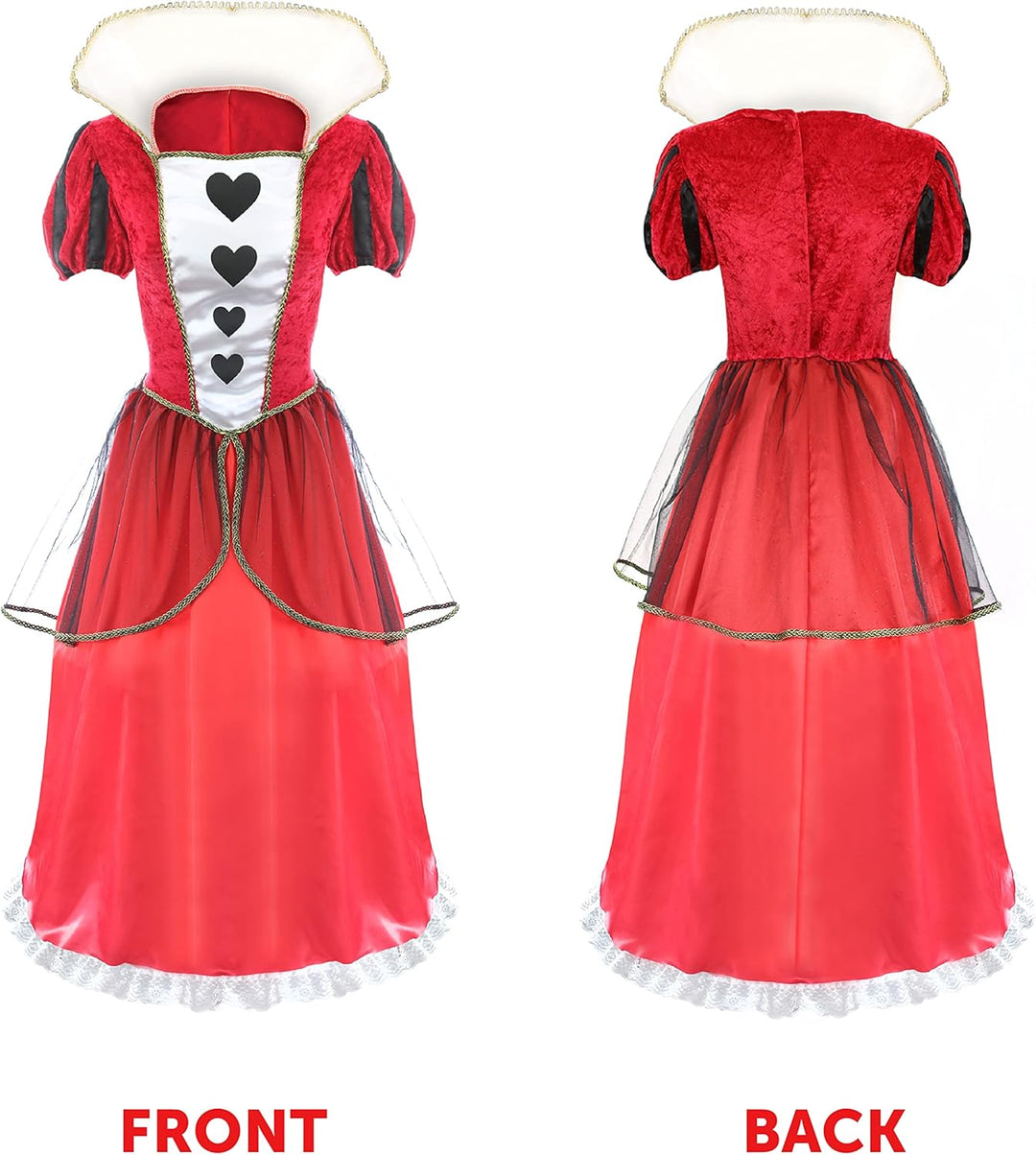 Damen Kostüm Königin der Herzen – X-Large – langes rotes & schwarzes Kleid mit Herzen Dekoration – D