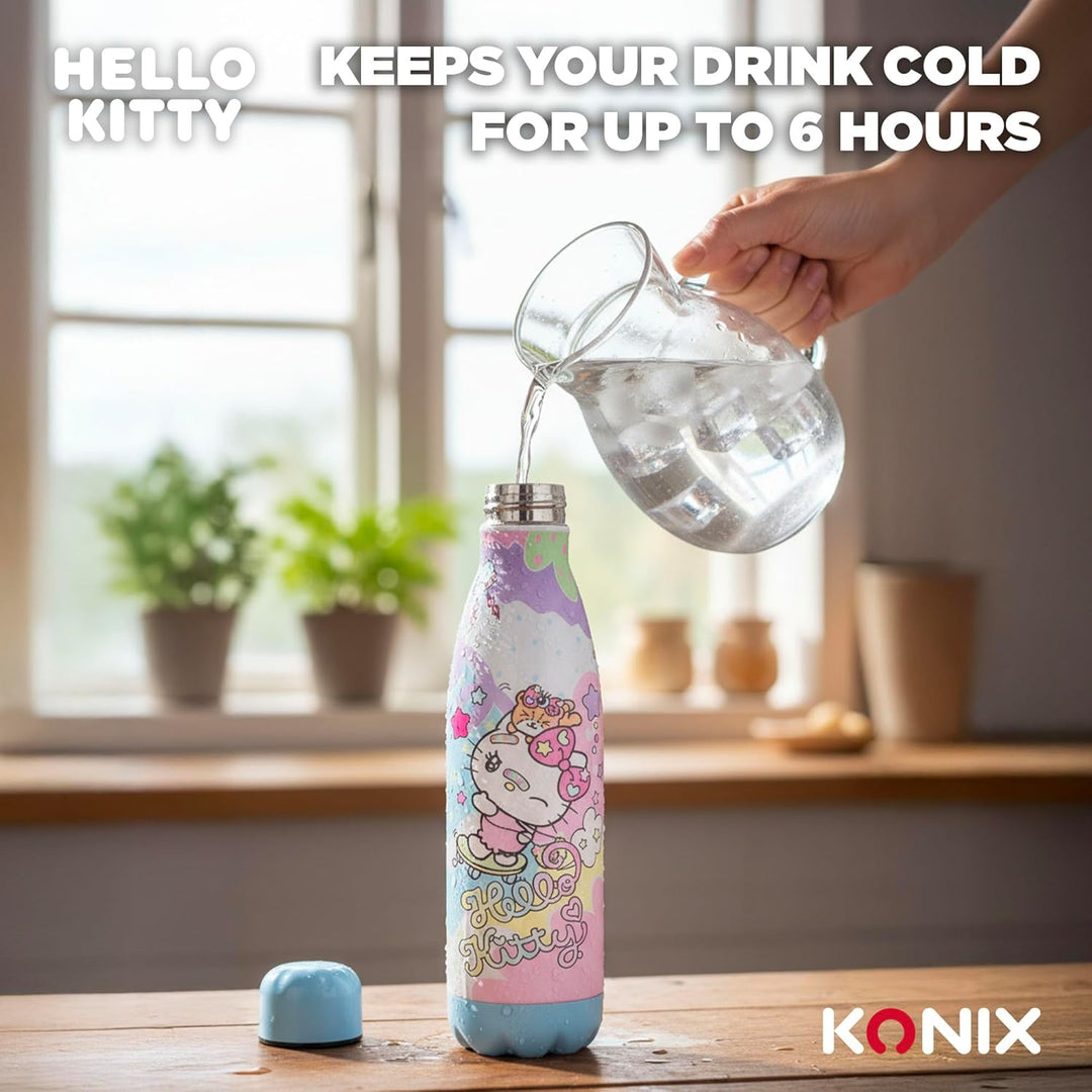 Konix Hello Kitty Isolierflasche - Edelstahl - 500 ml - Skateboard-Motiv - Blau Hello Kitty Blau - S