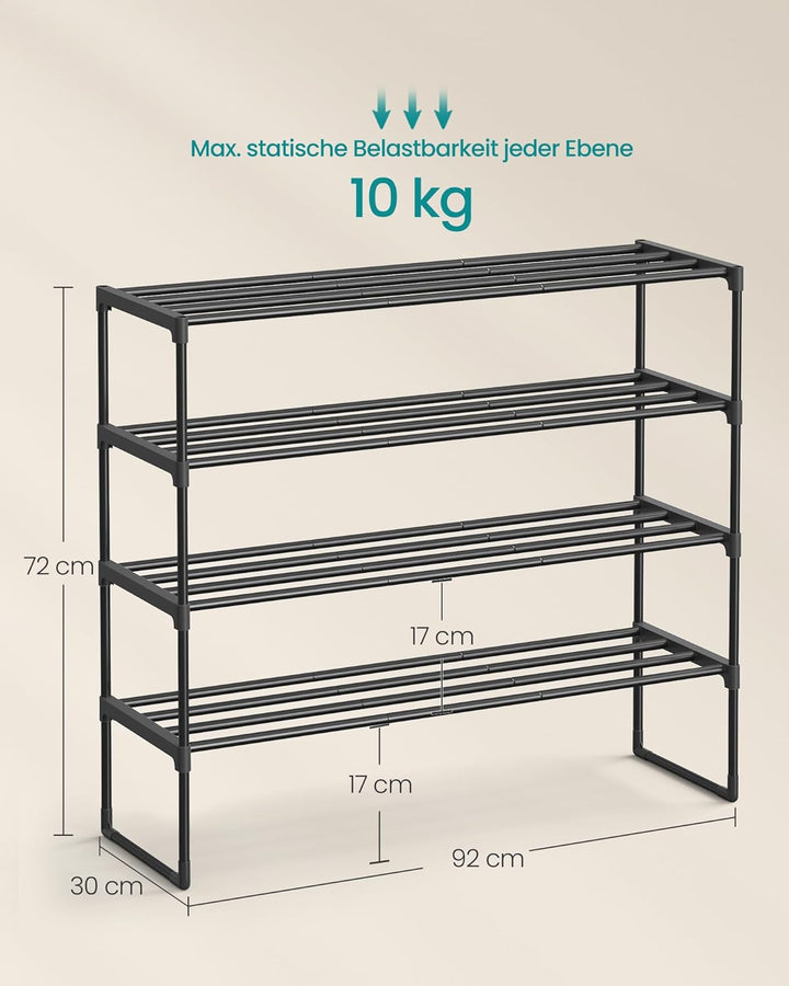 SONGMICS Schuhregal 4 Ebenen, Schuhständer Metall, Schuhaufbewahrung, Schuh-Organizer, aufrecht oder