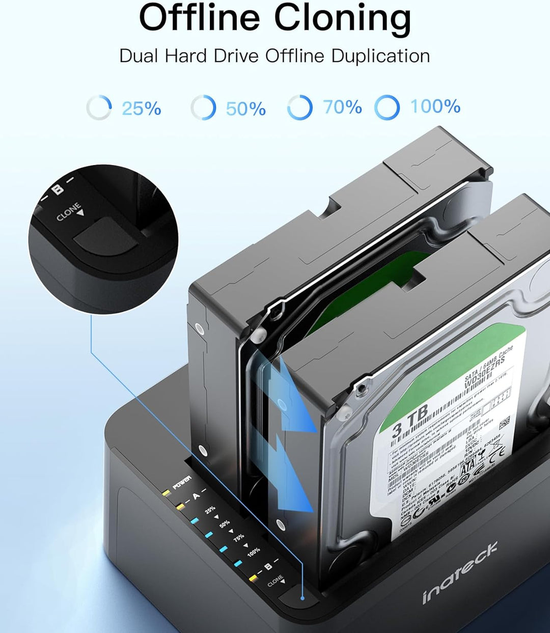 Inateck USB 3.0 Festplatten Dockingstation, Dual-Schacht Docking für 2,5/3,5 Zoll SATA HDD SSD, Offl