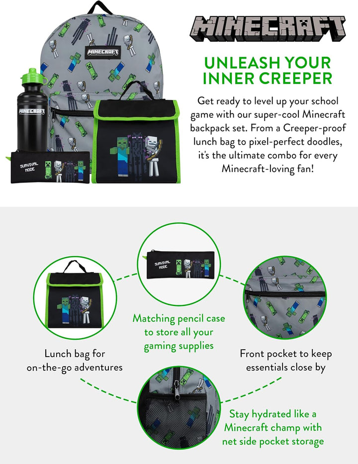 Minecraft Schulranzen Set | Creeper Kinderrucksack | Schulrucksäcke, Brotdosen & Wasserflaschen Set